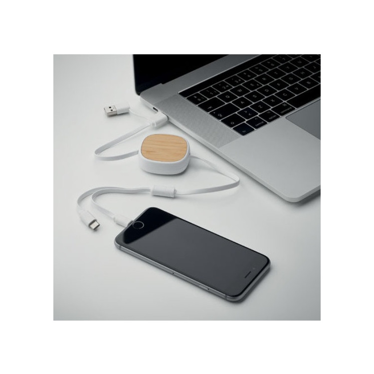 USB oplader med udtrækkeligt ladekabel og logo tryk