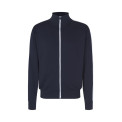 Sporty cardigan med lynlås med reklametryk og broderi, kontraststriber