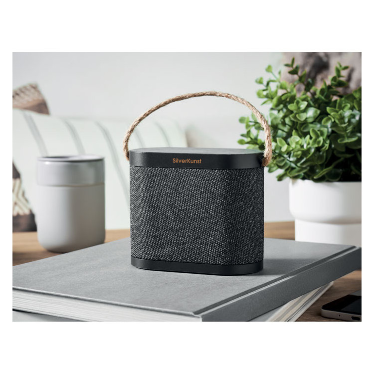 Trådløs højttaler med 15W oplader i bambus med logo og tryk