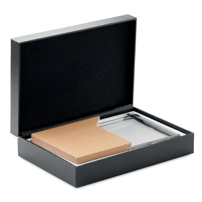 Krystal trofæ på bøgetræsfod med logo og tryk