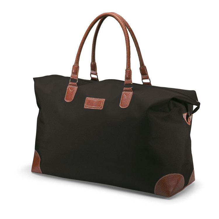 Stor sports og rejsetaske i mikrofiber med PVC håndtag med logo og try