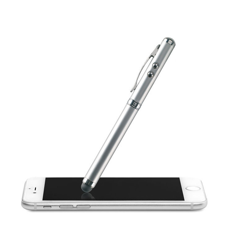 Multifunktions kuglepen i metal med LED lys og laserpointer med logo og tryk