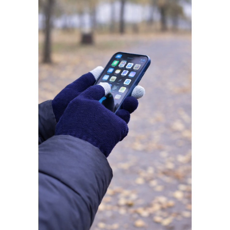 Touch handsker i akryl med taktile fingre til smartphone med logo og tryk i brug