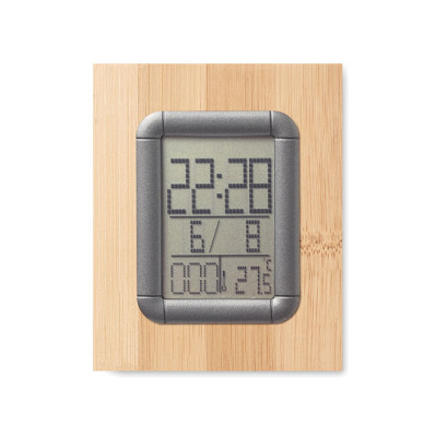 Bambus kuglepensholder med kalender, alarm og termometer set forfra