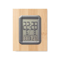 Bambus kuglepensholder med kalender, alarm og termometer set forfra