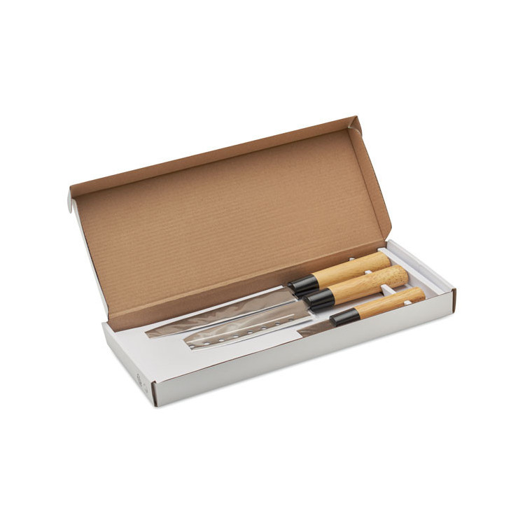 Japansk knivsæt i 3 dele i gaveæske med logo og tryk