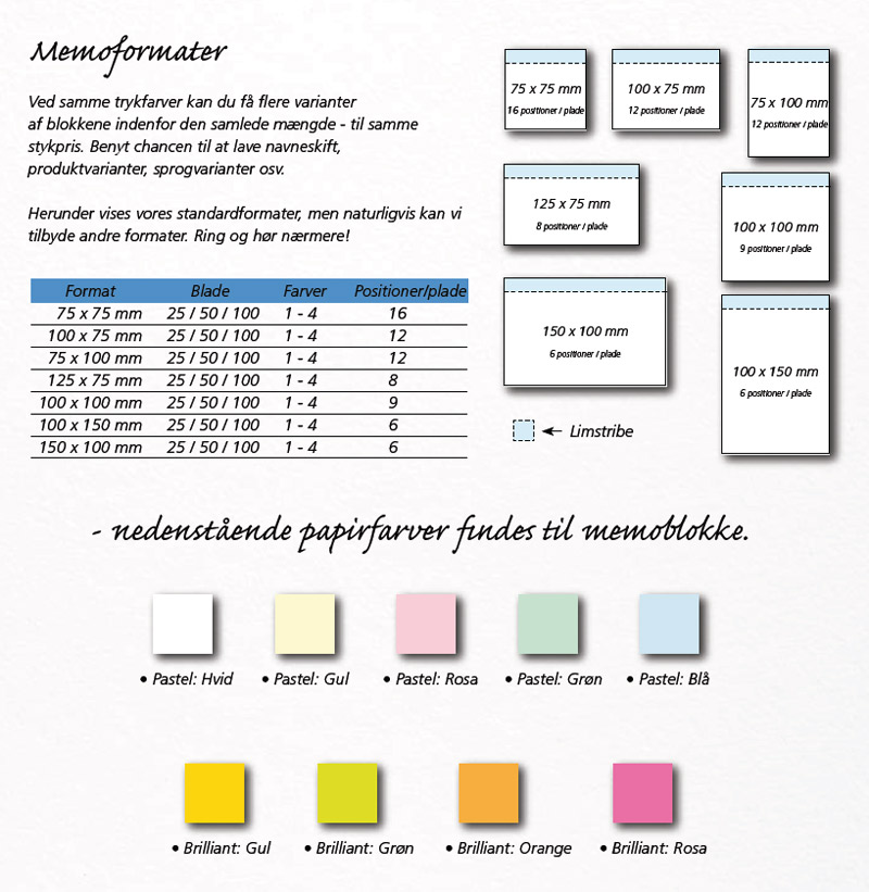 Memoblokke formater og farver